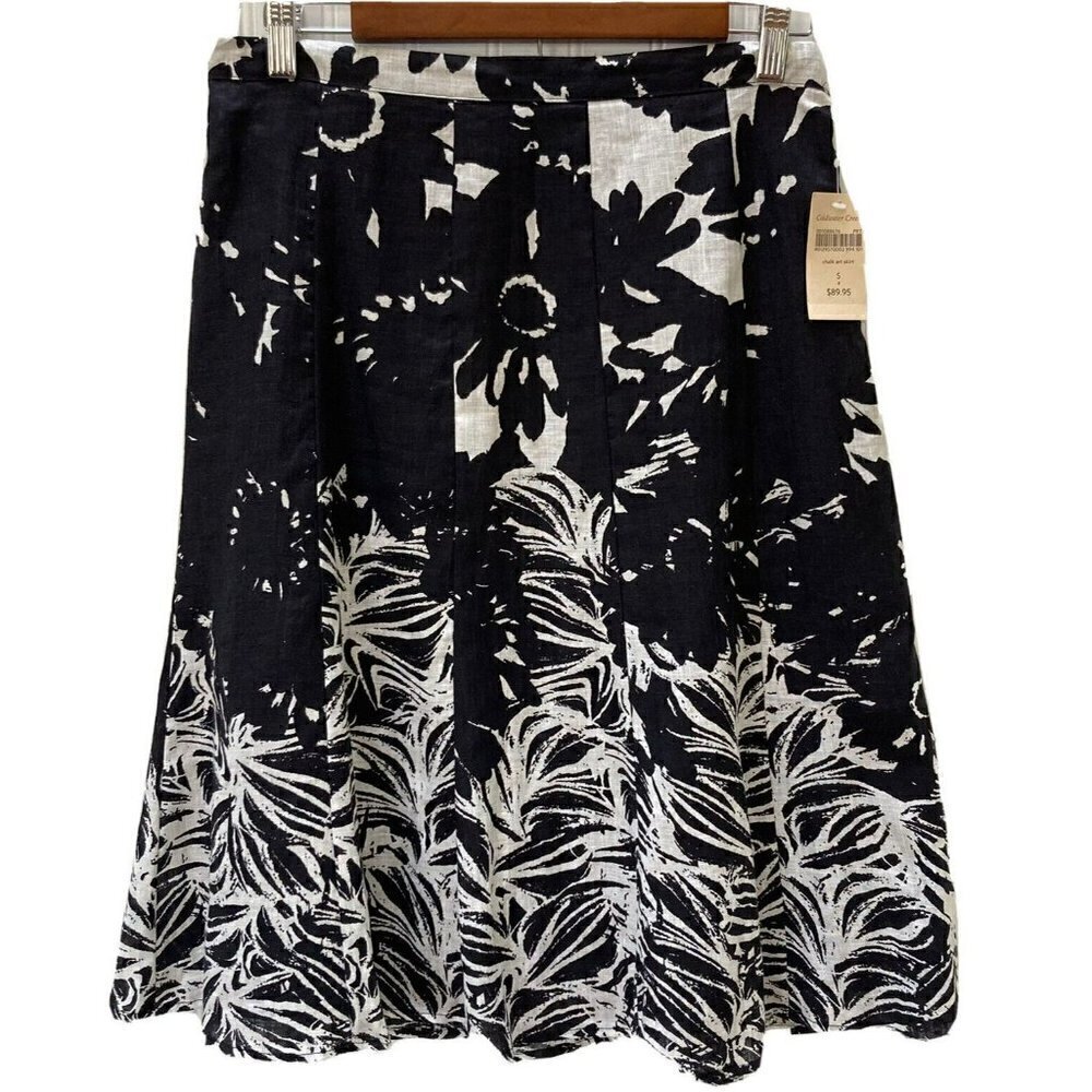 Coldwater Creek Women’s NWT Chalk Art Black Cream Linen Lined Flare Skirt-S(8)